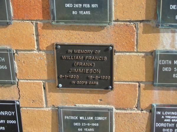 William Francis (Frank) JIMMIESON  | 6-1-1920 to 15-8-1999  |   | Sherwood (Anglican) Cemetery, Brisbane  | 