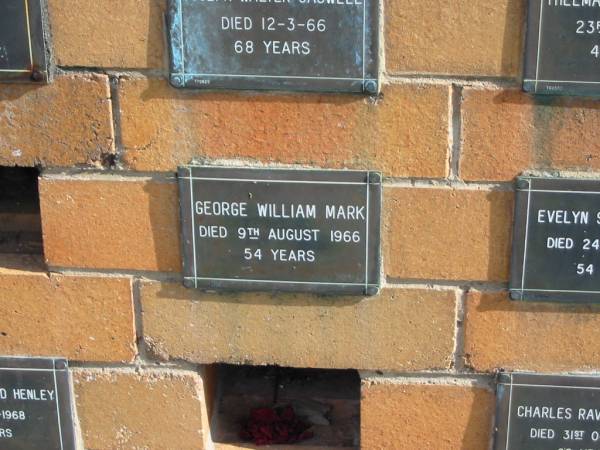 George William MARK  | 9 Aug 1966  | 54 yrs  |   | Sherwood (Anglican) Cemetery, Brisbane  | 