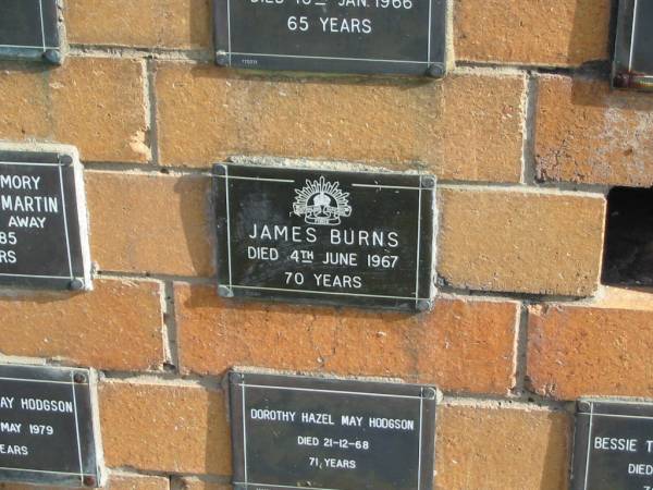 James BURNS  | 4 Jun 1967  | 70 yrs  |   | Sherwood (Anglican) Cemetery, Brisbane  | 