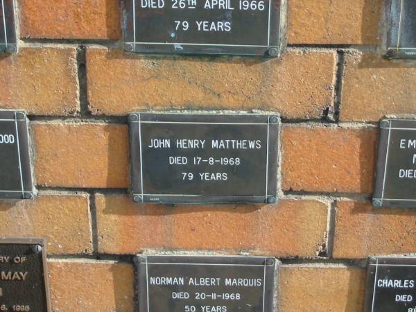 John Henry MATTHEWS  | 17-8-1968  | 79 yrs  |   | Sherwood (Anglican) Cemetery, Brisbane  | 