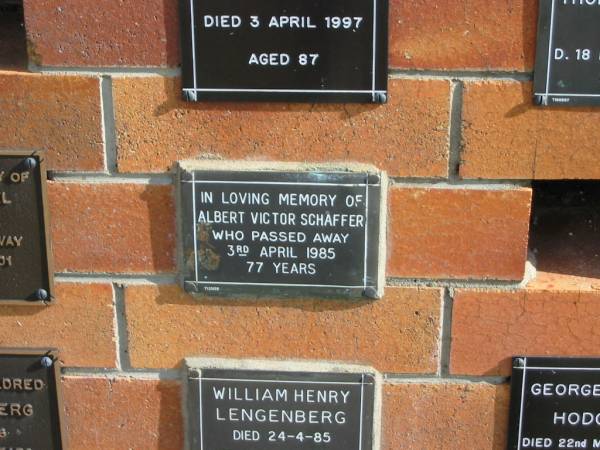 Albert Victor SCHAFFER  | 3 Apr 1985  | 77 yrs  |   | Sherwood (Anglican) Cemetery, Brisbane  | 
