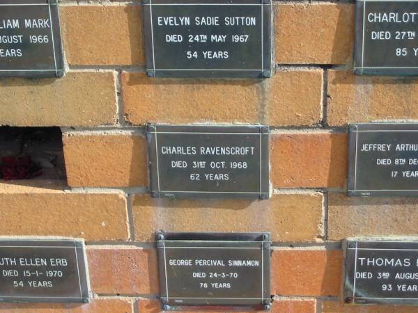 Charles RAVENSCROFT  | 31 Oct 1968  | 62 yrs  |   | Sherwood (Anglican) Cemetery, Brisbane  | 