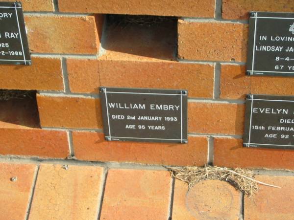 William EMBRY  | 2 Jan 1993  | aged 95  |   | Sherwood (Anglican) Cemetery, Brisbane  | 
