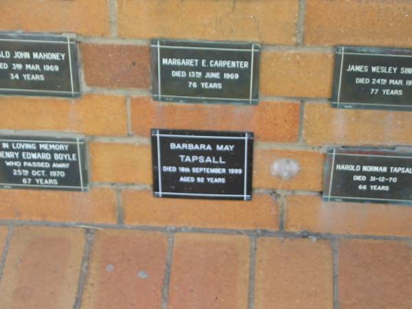 Barbara May TAPSALL  | 18 Sep 1999  | aged 92 yrs  |   | Sherwood (Anglican) Cemetery, Brisbane  | 