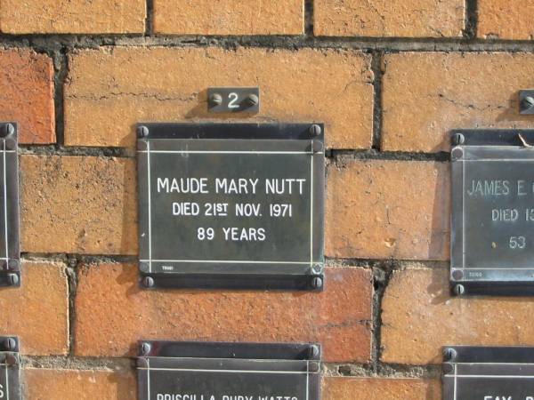 Maude Mary NUTT  | 21 Nov 1971  | 89 yrs  | Sherwood (Anglican) Cemetery, Brisbane  | 