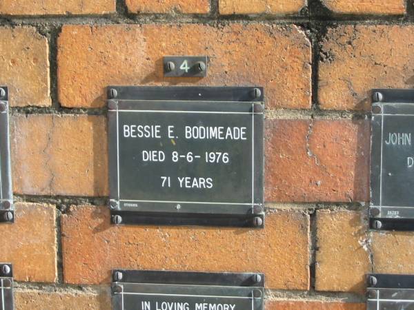 Bessie E BODIMEADE  | 8-6-1976  | 71 yrs  | Sherwood (Anglican) Cemetery, Brisbane  | 