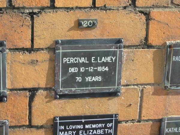 Percival E LAHEY  | 10-12-1954  | 70 yrs  | Sherwood (Anglican) Cemetery, Brisbane  | 