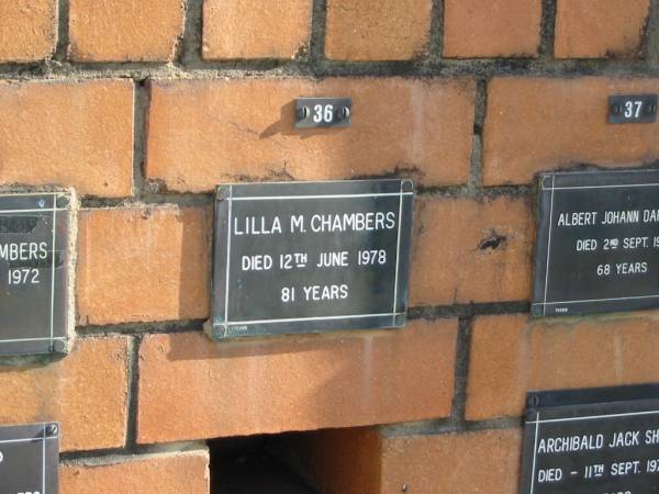 Lilla M CHAMBERS  | 12 Jun 1978  | 81 yrs  | Sherwood (Anglican) Cemetery, Brisbane  | 