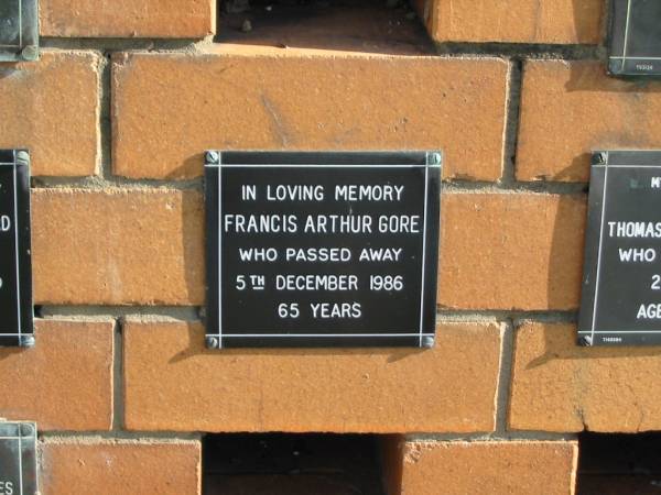 Francis Arthur GORE  | 5 Dec 1986  | 65 yrs  |   | Sherwood (Anglican) Cemetery, Brisbane  | 