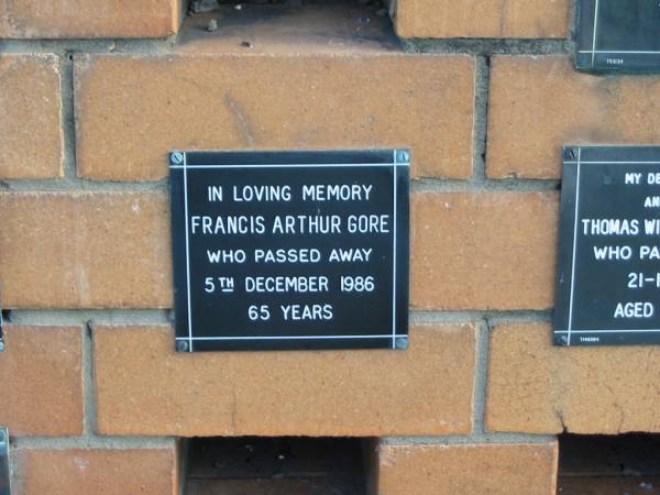 Francis Arthur GORE  | 5 Dec 1986  | 65 yrs  | Sherwood (Anglican) Cemetery, Brisbane  | 
