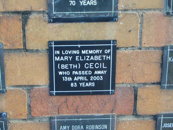 Mary Elizabeth (Beth) CECIL  | 13 Apr 2003  | 83 yrs  |   | Sherwood (Anglican) Cemetery, Brisbane  | 