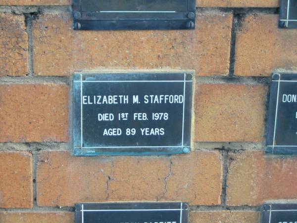 Elizabeth M STAFFORD  | 1 Feb 1978  | 89 yrs  |   | Sherwood (Anglican) Cemetery, Brisbane  | 