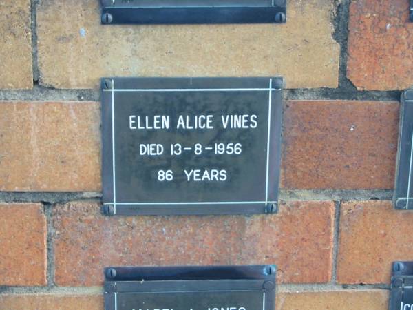 Ellen Alice VINES  | 13-8-1956  | 86 yrs  |   | Sherwood (Anglican) Cemetery, Brisbane  | 