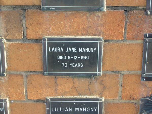 Laura Jane MAHONY  | 6-12-1961  | 73 yrs  |   | Sherwood (Anglican) Cemetery, Brisbane  | 