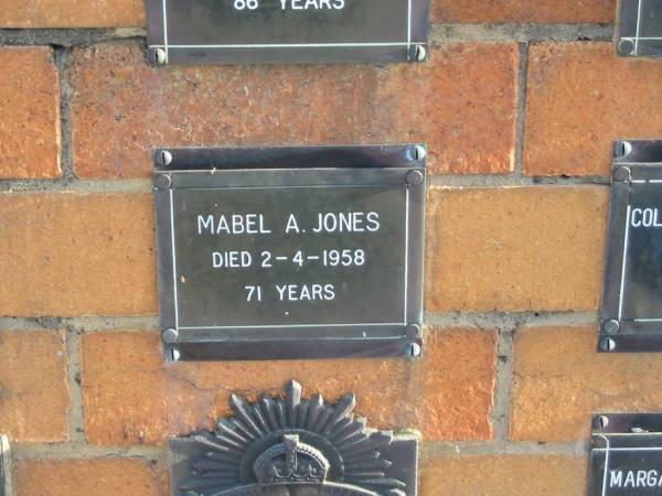 Mabel A JONES  | 2-4-1958  | 71 yrs  |   | Sherwood (Anglican) Cemetery, Brisbane  | 