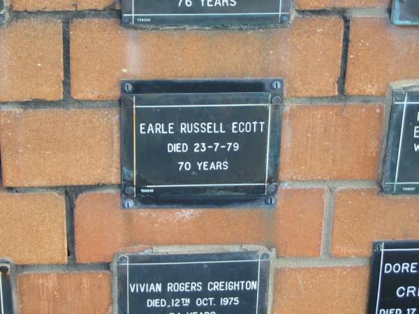 Earle Russell ECOTT  | 23-7-79  | 70 yrs  |   | Sherwood (Anglican) Cemetery, Brisbane  | 