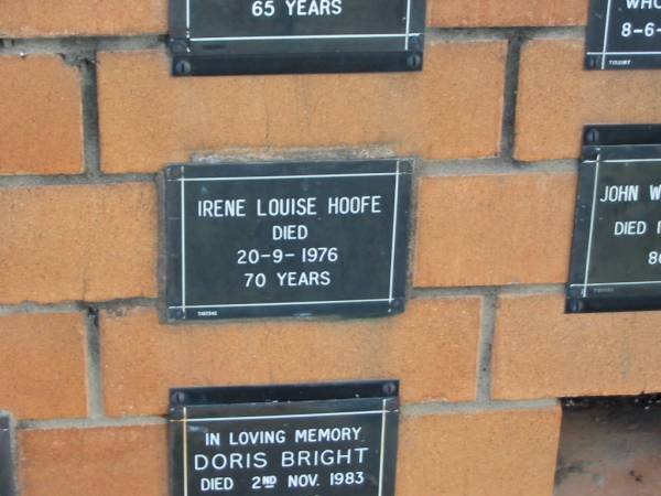 Irene Louise HOOFE  | 20-9-1976  | 70 yrs  |   | Sherwood (Anglican) Cemetery, Brisbane  | 