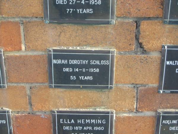 Norah Dorothy SCHLOSS  | 14-11-1958  | 55 yrs  |   | Sherwood (Anglican) Cemetery, Brisbane  | 