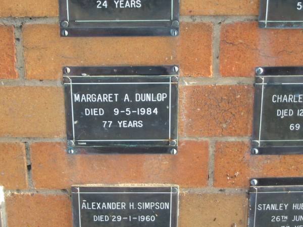Margaret A DUNLOP  | 9-5-1984  | 77 yrs  |   | Sherwood (Anglican) Cemetery, Brisbane  | 