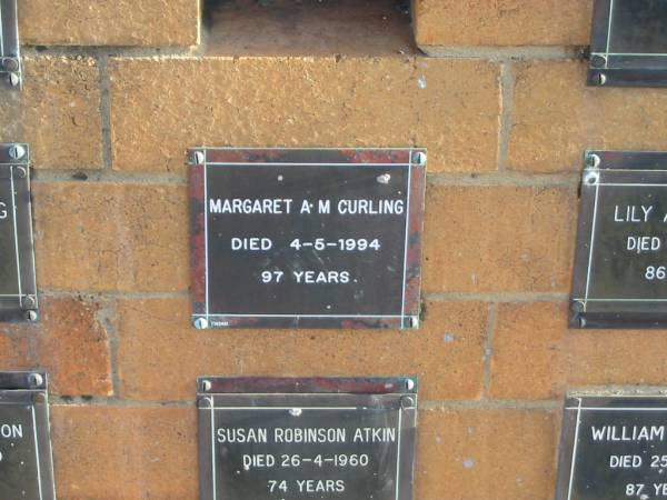 Margaret A M CURLING  | 4-5-1994  | 97 yrs  |   | Sherwood (Anglican) Cemetery, Brisbane  | 