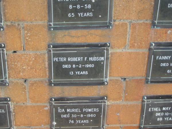 Peter Robert F HUDSON  | 8-2-1960  | 13 yrs  |   | Sherwood (Anglican) Cemetery, Brisbane  | 