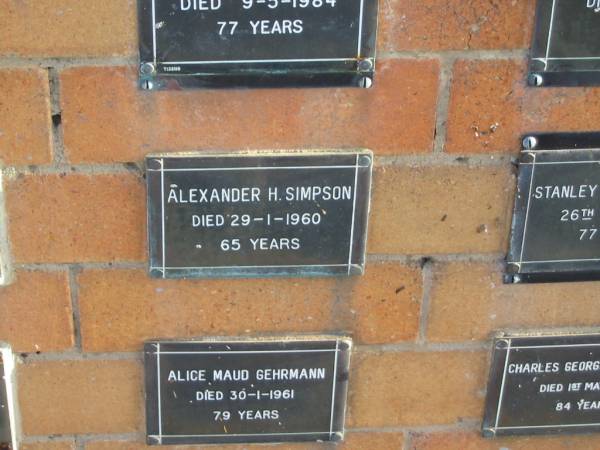 Alexander H SIMPSON  | 29-1-1960  | 65 yrs  |   | Sherwood (Anglican) Cemetery, Brisbane  | 