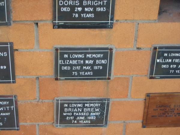 Elizabeth May BOND  | 21 May 1979  | 75 yrs  |   | Sherwood (Anglican) Cemetery, Brisbane  | 