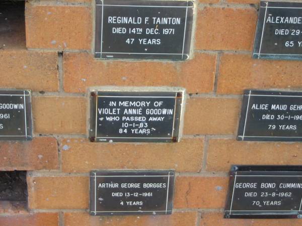 Violet Annie GOODWIN  | 10-1-83  | 84 yrs  |   | Sherwood (Anglican) Cemetery, Brisbane  | 