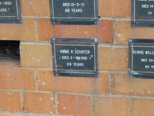 Annie K SCHAFER  | 2-9-1961  | 69 yrs  |   | Sherwood (Anglican) Cemetery, Brisbane  | 