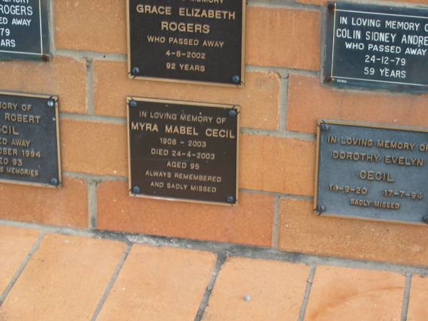 Myra Mabel CECIL  | 1908 - 2003  | 24-4-2003  | 95 yrs  |   | Sherwood (Anglican) Cemetery, Brisbane  | 