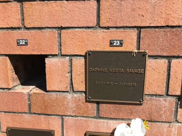 Daphne Nesta SAVAGE  | b: 21 Jul 1919  | d: 7 Jul 2013  |   | Sherwood (Anglican) Cemetery, Brisbane  |   | 