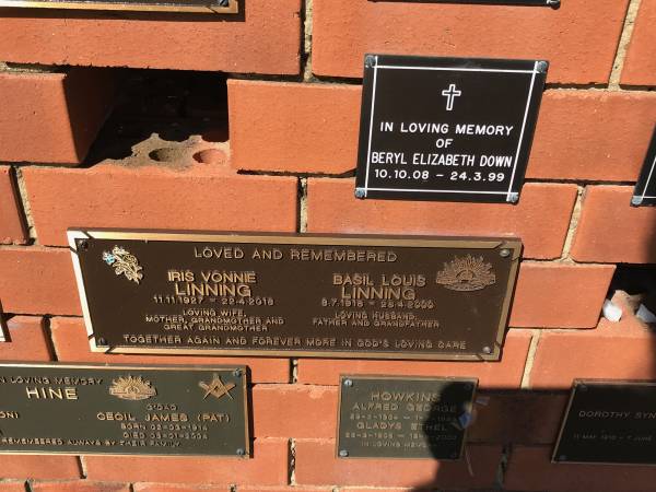Iris Vonnie LINNING  | b: 11 Nov 1927  | d: 22 Apr 2018  |   | Basil Louis LINNING  | b: 8 Jul 1918  | d: 26 Apr 2000  |   | Sherwood (Anglican) Cemetery, Brisbane  |   |   | 