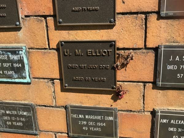 U. M. ELLIOT  | d: 1 Jul 2012 aged 93  |   | Sherwood (Anglican) Cemetery, Brisbane  |   | 