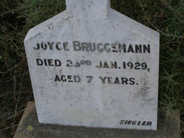 Joyce BRUGGEMANN,  | died 23 Jan 1929 aged 7 years;  | Silverleigh Lutheran cemetery, Rosalie Shire  | 