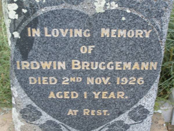 Irdwin BRUGGEMANN,  | died 2 Nov 1926 aged 1 year;  | Silverleigh Lutheran cemetery, Rosalie Shire  | 