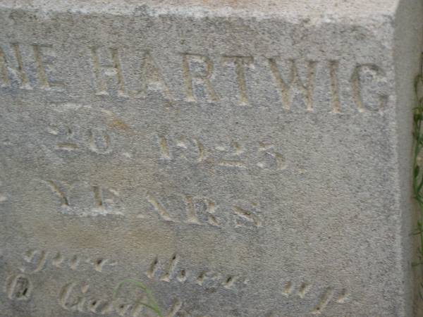 Maria Caroline HARTWIG,  | died 20 April 1923 aged 33 years;  | Silverleigh Lutheran cemetery, Rosalie Shire  | 