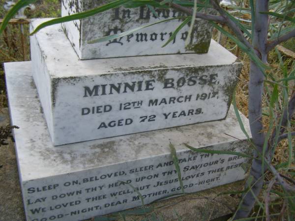 Minnie BOSSE,  | died 12 March 1917 aged 72 years;  | Silverleigh Lutheran cemetery, Rosalie Shire  | 