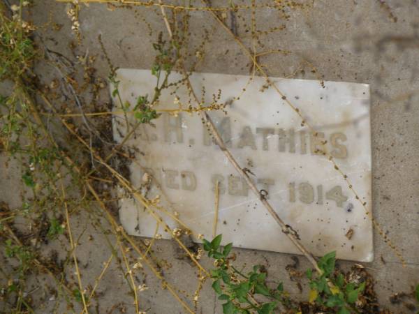 A.H. MATHIES,  | died Sept 1914;  | Silverleigh Lutheran cemetery, Rosalie Shire  | 