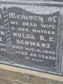 
T. Hermann SCHWARZ,
father grandfather,
died 10 Sept 1957 aged 82 years;
Hulda B.C. SCHWARZ,
wife mother,
died 6 Aug 1945 aged 64 years;
Silverleigh Lutheran cemetery, Rosalie Shire
