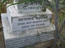 
Minnie BOSSE,
died 12 March 1917 aged 72 years;
Silverleigh Lutheran cemetery, Rosalie Shire
