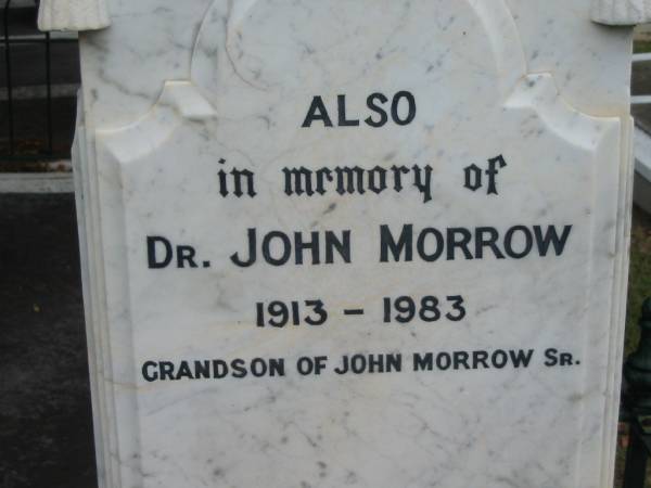 John MORROW junior,  | died 19 Feb 1907 aged 22 years;  | Harriet Ann, wife of John MORROW,  | died 25 Feb 1942 aged 84 years;  | Dr John MORROW,  | 1913 - 1983,  | grandson of John MORROW senior;  | John MORROW,  | father of John MORROW junior,  | died 31 Aug 1920 aged 77 years;  | James,  | died 12 May 1915 aged 33 years;  | Charles,  | died of wounds in France 8 Sept 1918 aged 30 years;  | John;  | sons & grandsons;  | Slacks Creek St Mark's Anglican cemetery, Daisy Hill, Logan City  | 
