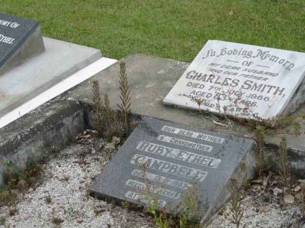 Charles SMITH, husband father,  | died 7 July 1966 aged 83 years;  | Ruby Ethel CAMPBELL, mother grandmother,  | died 13-12-1983 aged 83 years;  | Slacks Creek St Mark's Anglican cemetery, Daisy Hill, Logan City  | 