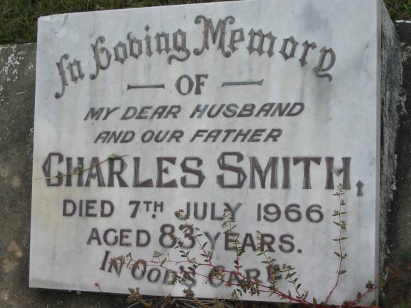 Charles SMITH, husband father,  | died 7 July 1966 aged 83 years;  | Ruby Ethel CAMPBELL, mother grandmother,  | died 13-12-1983 aged 83 years;  | Slacks Creek St Mark's Anglican cemetery, Daisy Hill, Logan City  | 