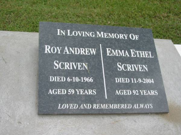 Roy Andrew SCRIVEN,  | died 6-10-1966 aged 59 years;  | Emma Ethel SCRIVEN,  | died 11-9-2004 aged 92 years;  | Ross Edward SCRIVEN, son,  | died 28-3-1969 aged 21 years;  | Slacks Creek St Mark's Anglican cemetery, Daisy Hill, Logan City  | 