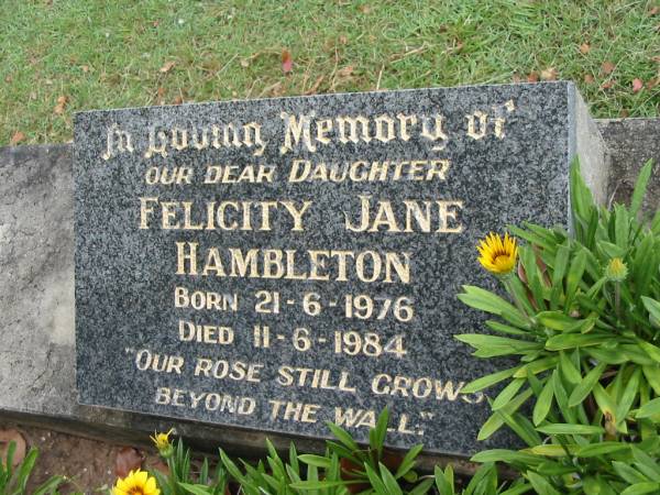 Felicity Jane HAMBLETON, daughter,  | born 21-6-1976 died 11-6-1984;  | Slacks Creek St Mark's Anglican cemetery, Daisy Hill, Logan City  |