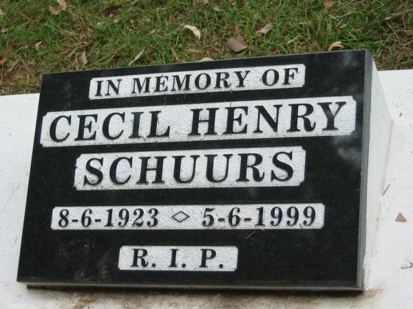 Cecil Henry SCHUURS,  | 8-6-1923 - 5-6-1999;  | Slacks Creek St Mark's Anglican cemetery, Daisy Hill, Logan City  | 