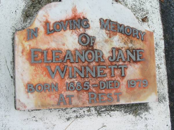 Eleanor Jane WINNETT,  | born 1885 died 1979;  | Slacks Creek St Mark's Anglican cemetery, Daisy Hill, Logan City  | 