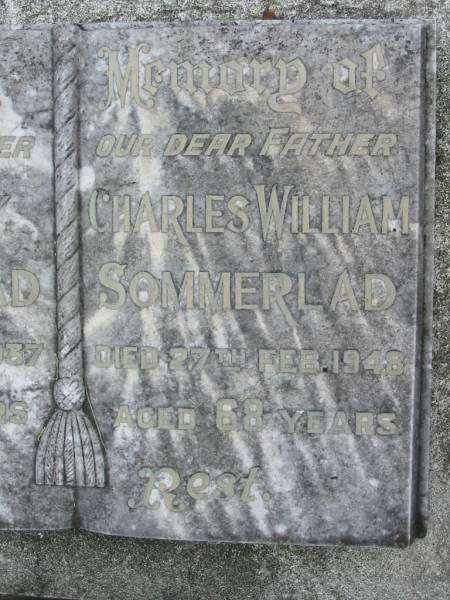 Hilda May SOMMERLAD, mother,  | died 4 Sept 1937 aged 57 years;  | Charles William SOMMERLAD, father,  | died 27 Feb 1948 aged 68 years;  | Slacks Creek St Mark's Anglican cemetery, Daisy Hill, Logan City  | 