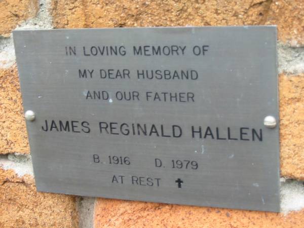 James Reginald HALLEN,  | husband father,  | born 1916 died 1979;  | Slacks Creek St Mark's Anglican cemetery, Daisy Hill, Logan City  | 