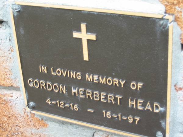 Gordon Herbert HEAD,  | 4-12-16 - 16-1-97;  | Slacks Creek St Mark's Anglican cemetery, Daisy Hill, Logan City  | 